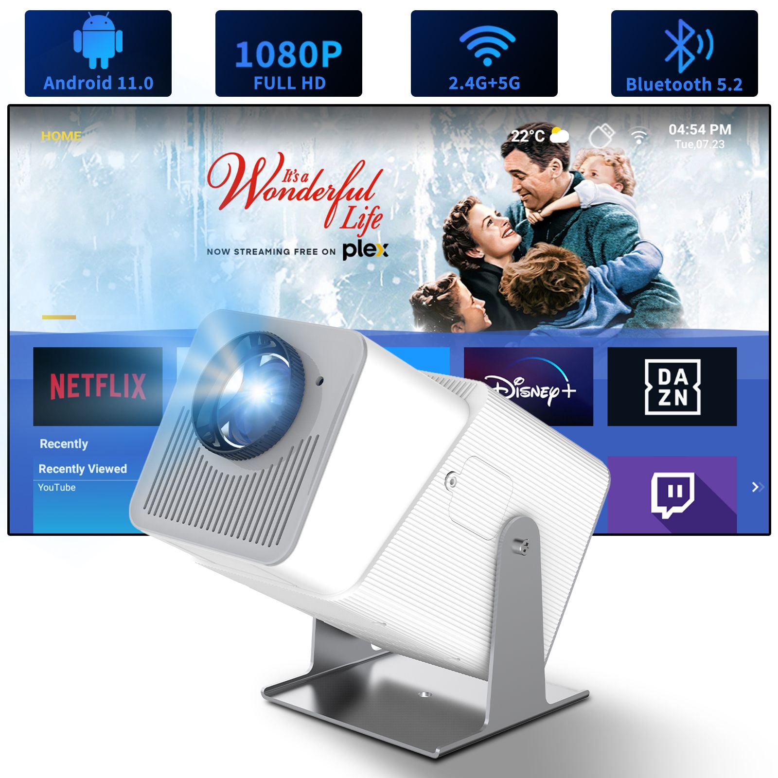 Smart Mini Projector with Adjustable Stand, Outdoor Portable Projector, WiFi 6 Bluetooth 5.0, Android 11, Support 2.4G/5G