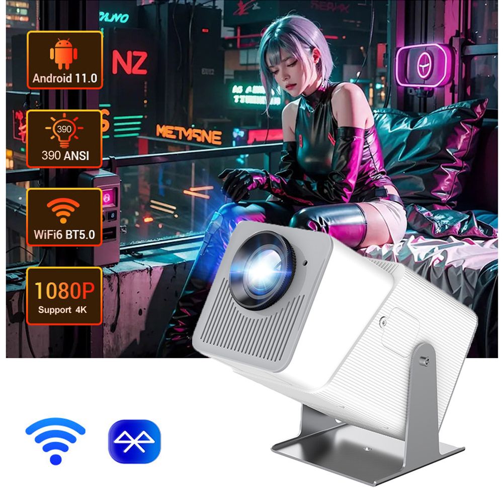 Smart Mini Projector with Adjustable Stand, Outdoor Portable Projector, WiFi 6 Bluetooth 5.0, Android 11, Support 2.4G/5G