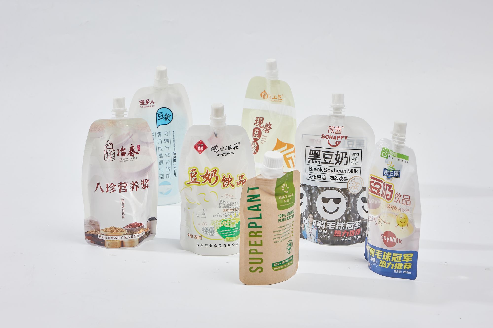 Custom Juice Soy Milk Drink Liquid Oral Spout Pouch Flat Bottom Stand up Liquid Packaging Bag