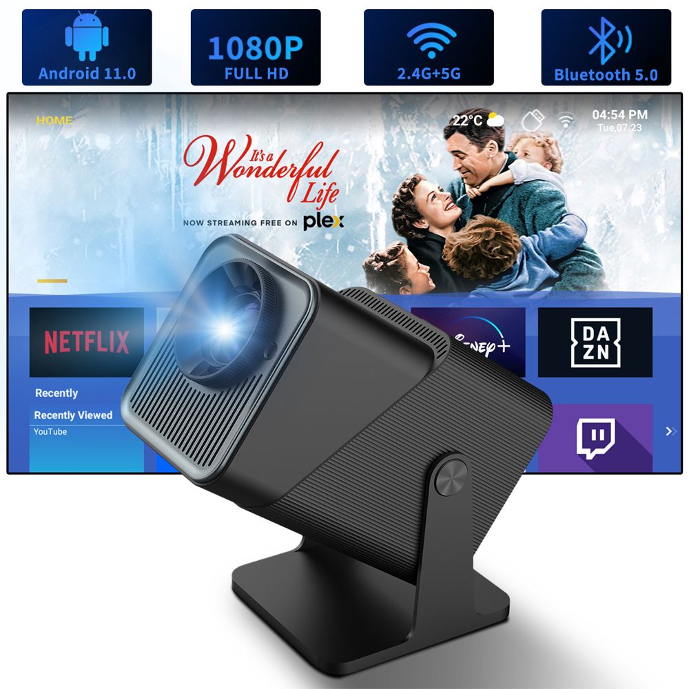 Smart Mini Projector with Adjustable Stand, Outdoor Portable Projector, WiFi 6 Bluetooth 5.0, Android 11, Support 2.4G/5G-Black