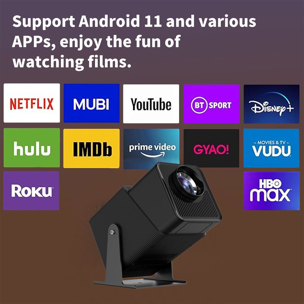 Smart Mini Projector with Adjustable Stand, Outdoor Portable Projector, WiFi 6 Bluetooth 5.0, Android 11, Support 2.4G/5G-Black