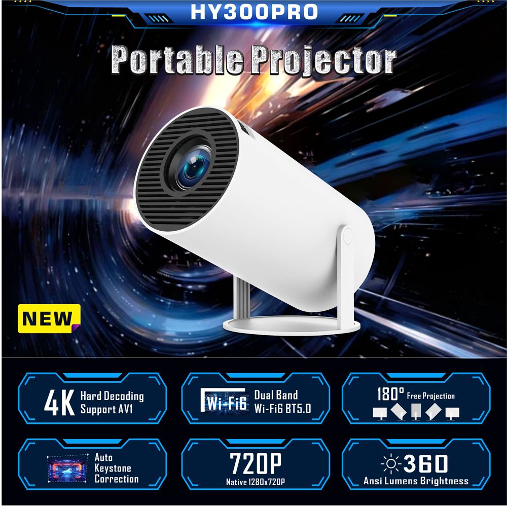 Mini Projector,HY300Pro Portable Video Projector,Dual-Band WIFI6 5G Wireless 5.0 Bluetooth Android 11, Auto Keystone Correction