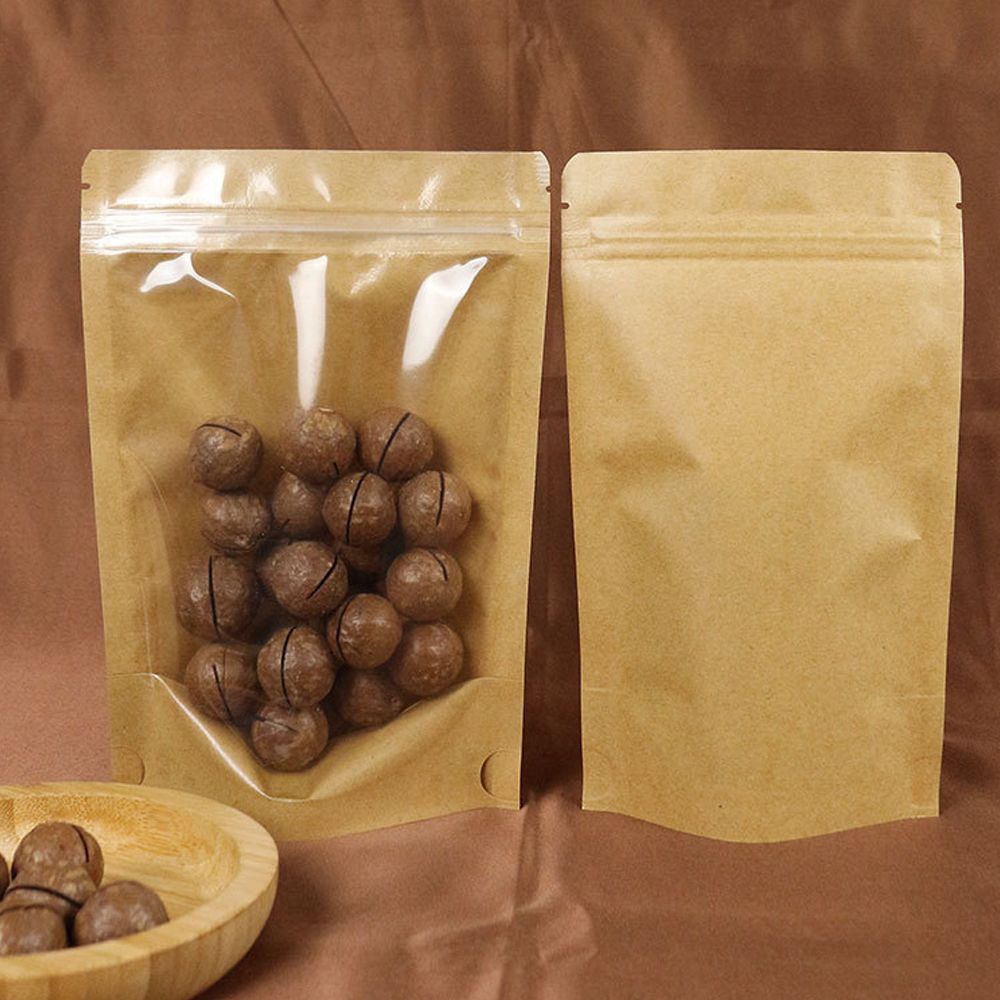 Professional Custom Eco Friendly Front Transparent Three Side Sealing Zipper kraft Paper Food Packaging Pouch