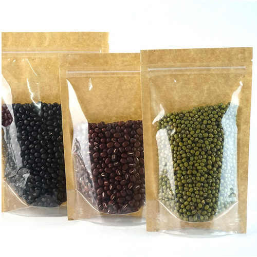 Professional Custom Eco Friendly Front Transparent Three Side Sealing Zipper kraft Paper Food Packaging Pouch