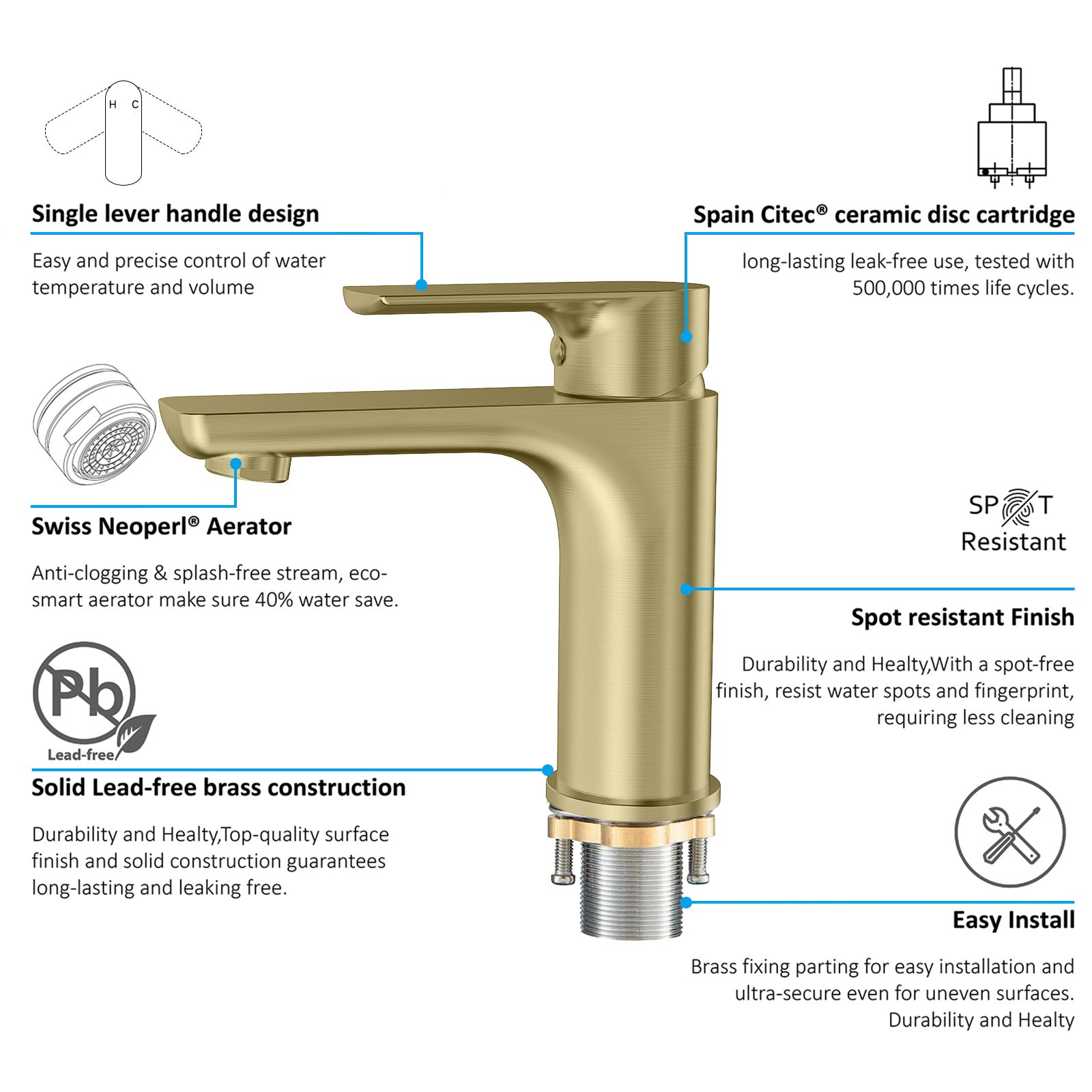 Nile Bathroom Basin Faucet Solid Brass Construction With Spain Citec Cartridge & Swiss Neoperl Aerator