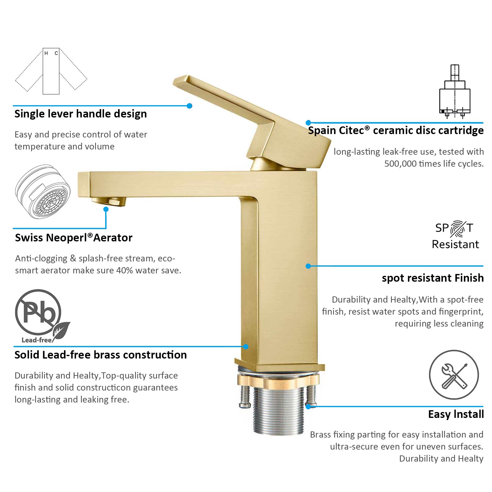 Square Single Hand Wash Basin Faucet Made Of Solid Brass Construction AB000000BG