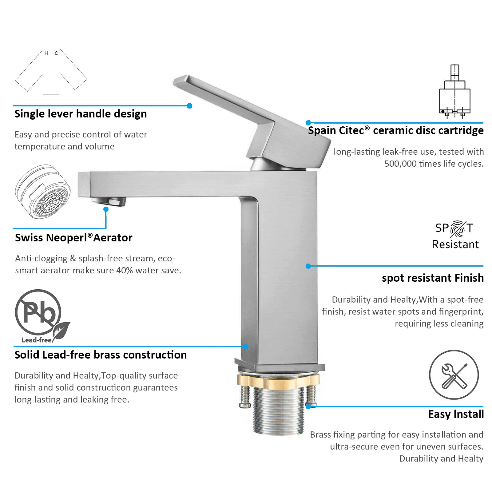 Square Single Hand Wash Basin Faucet Made Of Solid Brass Construction AB000000BN