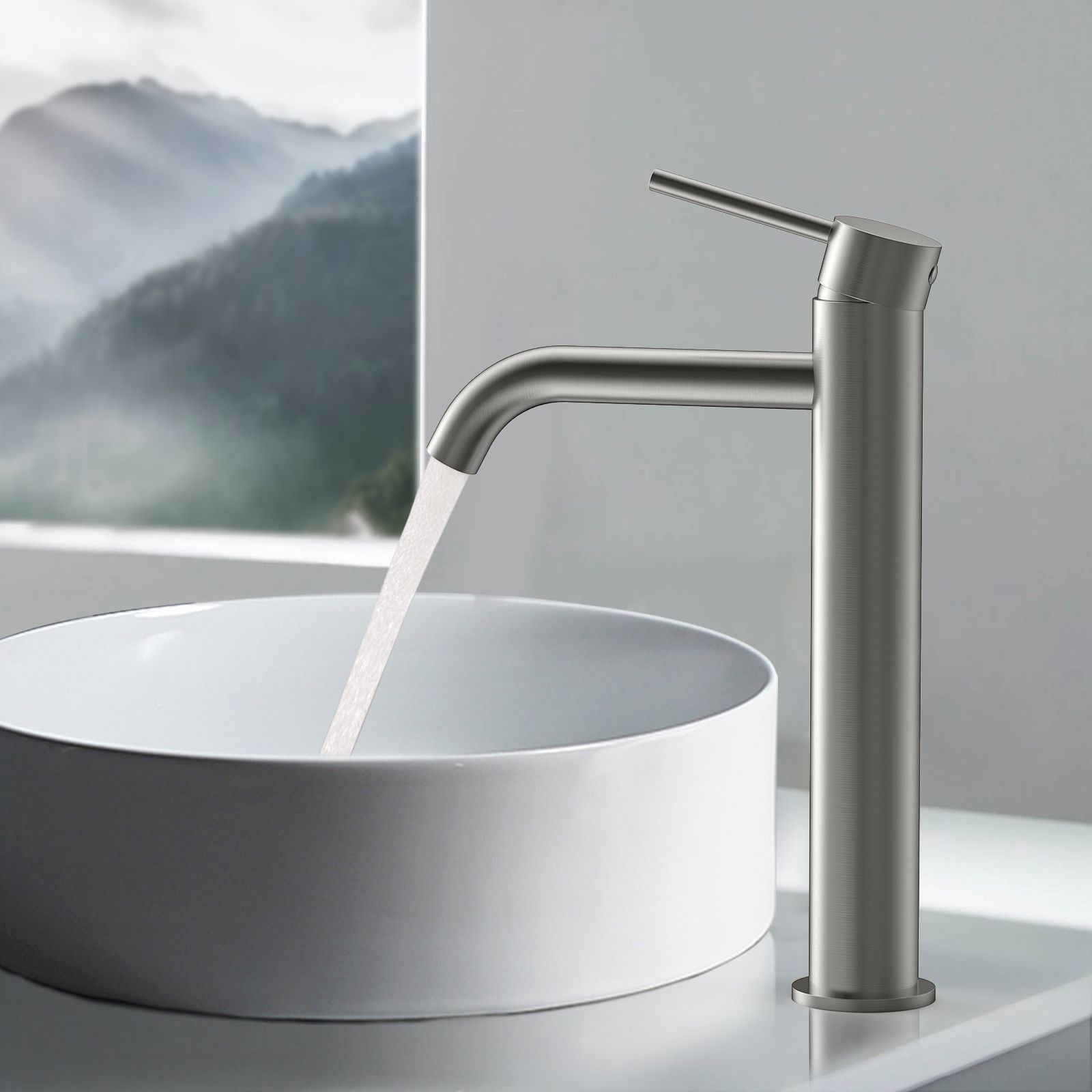 Circular High Arc Vessel Sink Faucet with Solid Brass Construction & Swiss Neoperl Aerator,AB001004BN