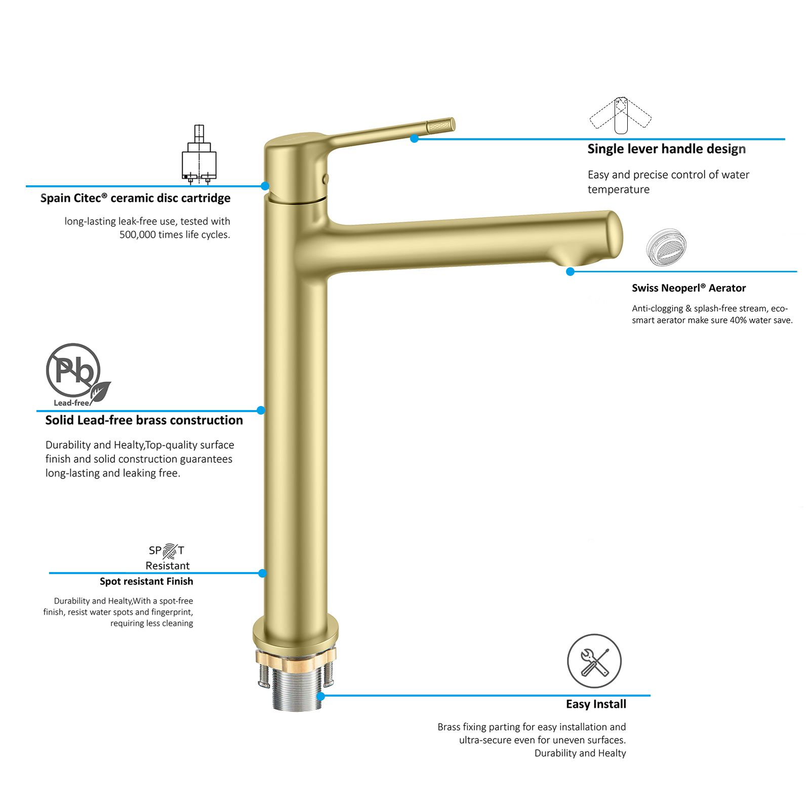 MAJI Single Hole Bathroom Wash Basin Faucet With Ceramic Cartridge-AB001014BG