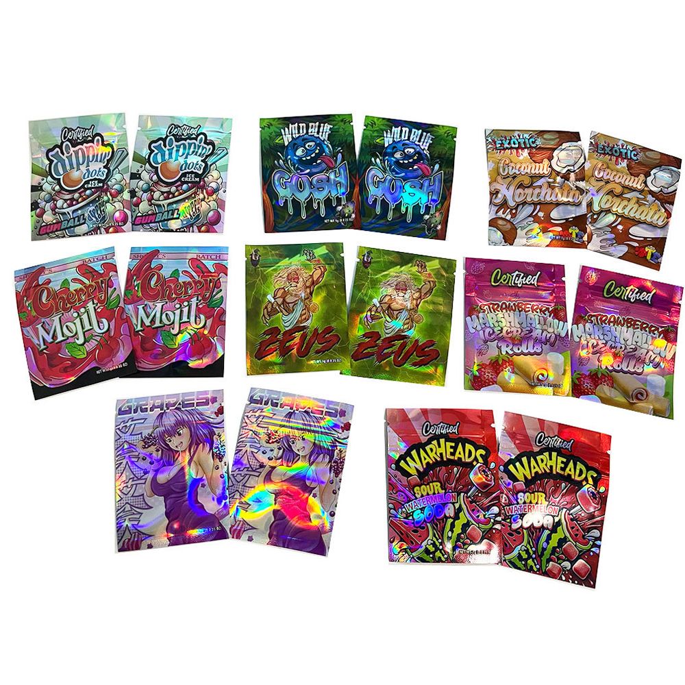 Custom Printed Exotic Smell Proof Stand up Pouch 3.5g 35 7g 1oz Smell Proof Cutout Packs Die Cut Mylar Bags