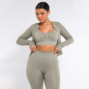 HEXIN Wholesale Soild Color Long Sleeve Seamless Womens Activewear Workout 3 Piece Gym Sets Fitness Yoga Wear Women