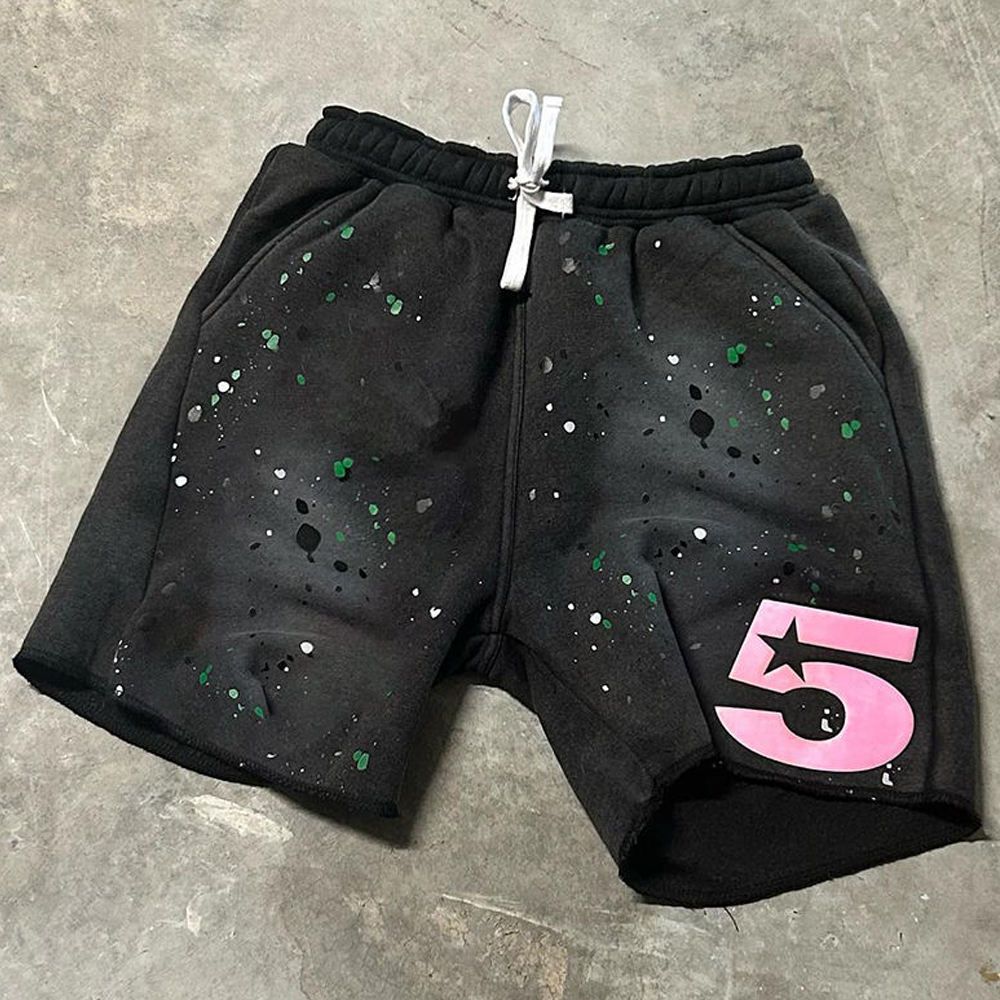 china manufacture wholesale Customized 5 Inch Inseam Cotton Shorts Spray Paint Printing Raw Cut Shorts