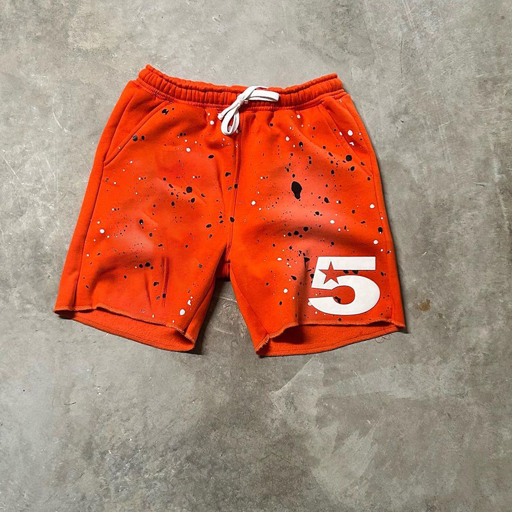 china manufacture wholesale Customized 5 Inch Inseam Cotton Shorts Spray Paint Printing Raw Cut Shorts