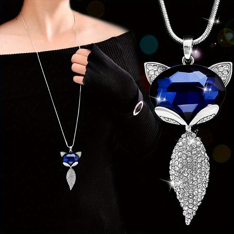 Elegant Fox Pendant Sweater Necklace with Crystal Embellishment-Silver Plating, Alloy Material, Perfect Necklace for Party and D