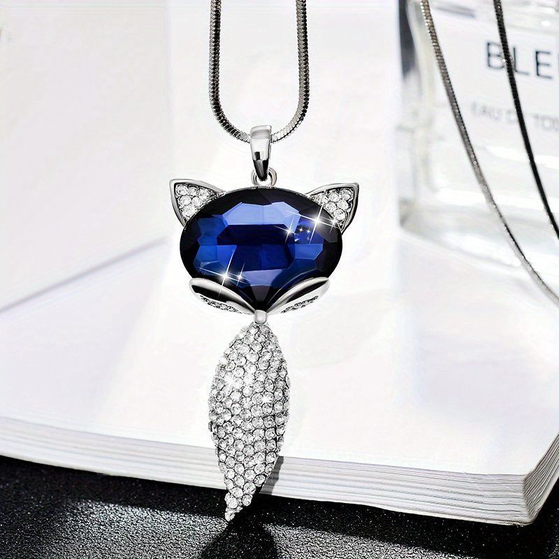 Elegant Fox Pendant Sweater Necklace with Crystal Embellishment-Silver Plating, Alloy Material, Perfect Necklace for Party and D