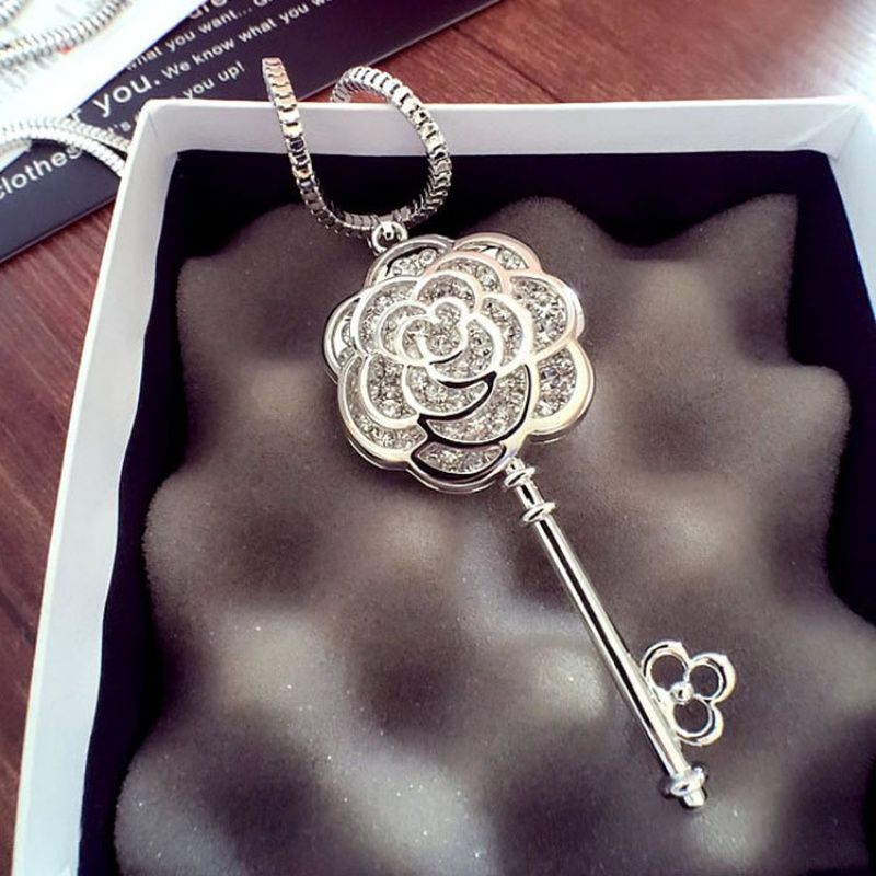 Korean style fashionable elegant rose Diamond key crystal all-match clothing long necklace sweater chain for women