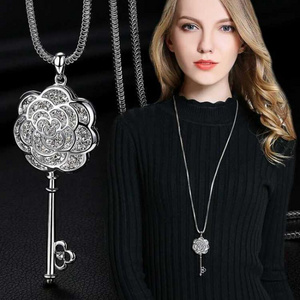 Korean style fashionable elegant rose Diamond key crystal all-match clothing long necklace sweater chain for women