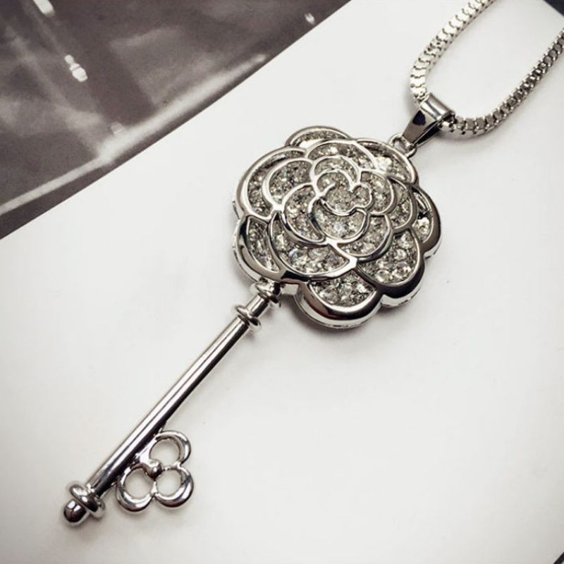 Korean style fashionable elegant rose Diamond key crystal all-match clothing long necklace sweater chain for women