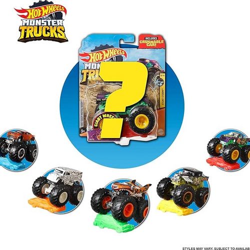1 Toy Truck in 1:64 Scale & 1 Crushable Car Vehicle Play Hot Wheels Monster Trucks Set