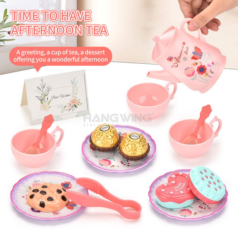 HW Preschool Pretend Real Play at Home Kitchen Afternoon Tea Toy Pink Simulation Tea Set Dessert Set for Girl Princess 2024 New