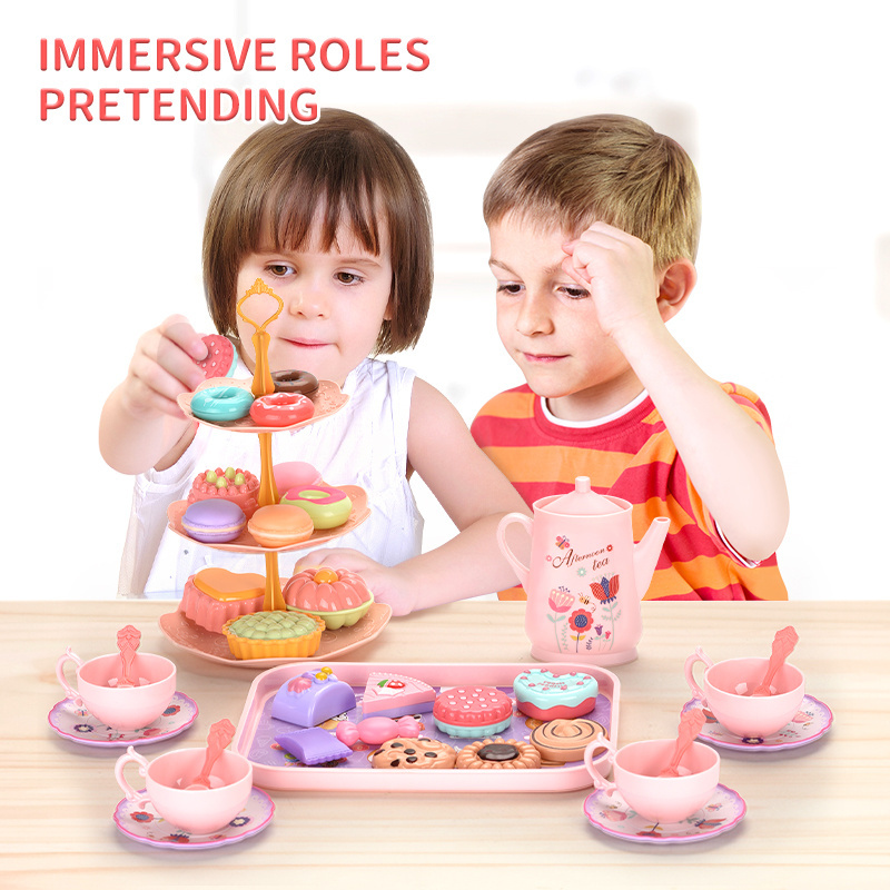 HW new princess kids preschool pretend play role house kitchen toys afternoon tea break tea scene set girls pink suitcase sets