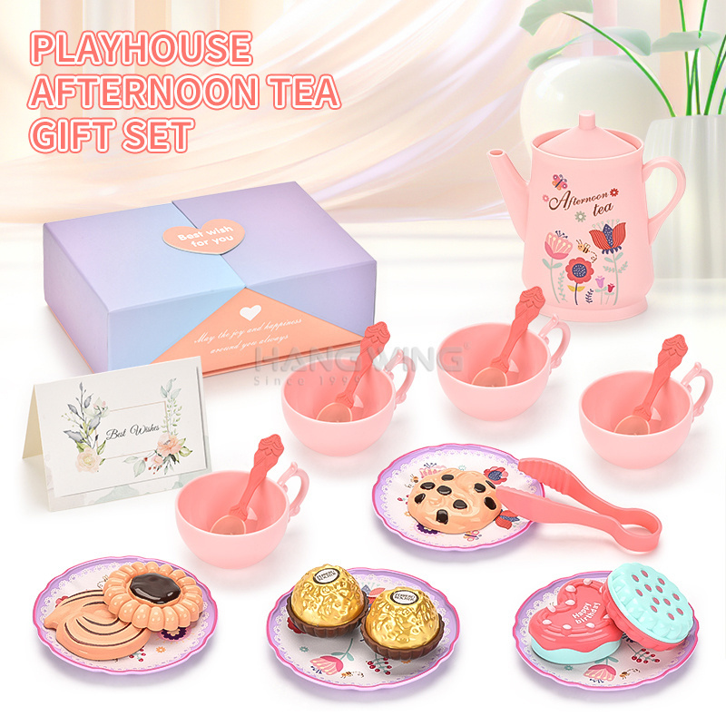 HW Preschool Pretend Real Play at Home Kitchen Afternoon Tea Toy Pink Simulation Tea Set Dessert Set for Girl Princess 2024 New