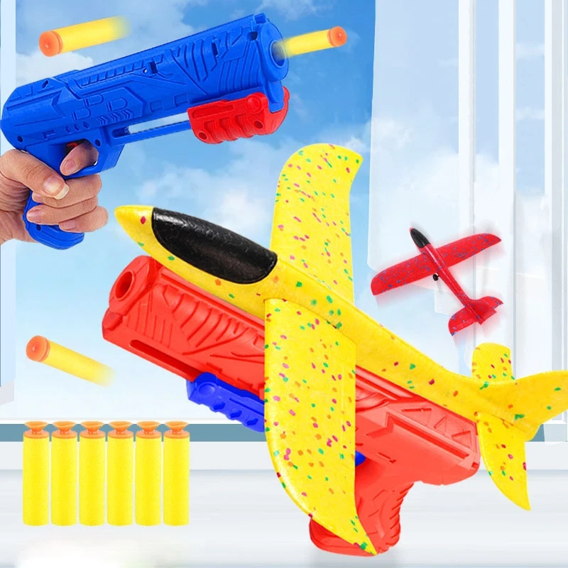 HW Foam Plane 10M Launcher Catapult Glider Airplane Gun Toy Children Outdoor Game Bubble Model Shooting Fly Roundabout Toys