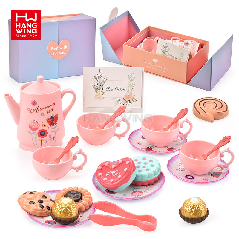 HW Preschool Pretend Real Play at Home Kitchen Afternoon Tea Toy Pink Simulation Tea Set Dessert Set for Girl Princess 2024 New