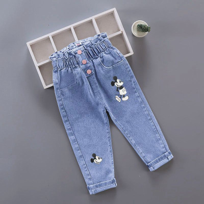 Toddler denim jumpsuit children wholesale clothing kids girls jeans custom fabric mickey cartoon pant trousers