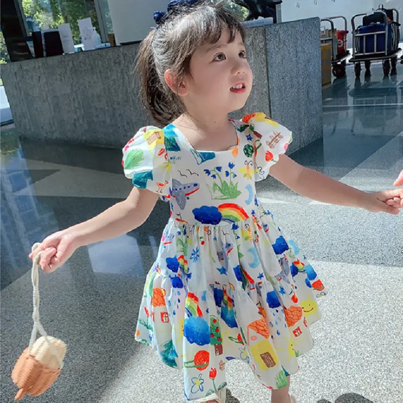 Girls' skirt 2024 summer children's bubble sleeve dress middle and small children's printed princess skirt