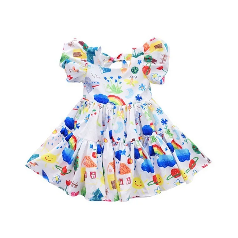 Girls' skirt 2024 summer children's bubble sleeve dress middle and small children's printed princess skirt