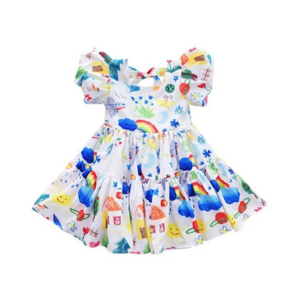 Girls' skirt 2024 summer children's bubble sleeve dress middle and small children's printed princess skirt