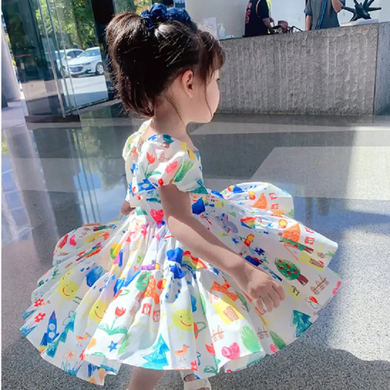 Girls' skirt 2024 summer children's bubble sleeve dress middle and small children's printed princess skirt