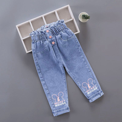 Toddler denim jumpsuit children wholesale clothing kids girls jeans custom fabric mickey cartoon pant trousers