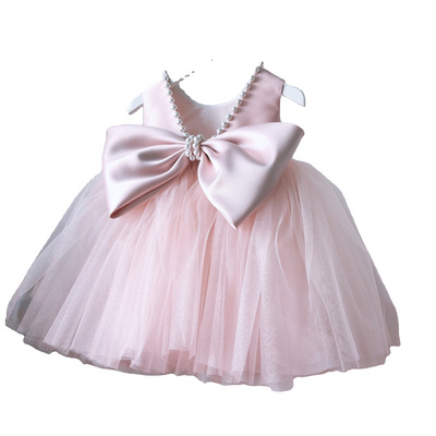 Children's dress pink sweet backless bow girl baby's first birthday dress fluffy girl princess dress