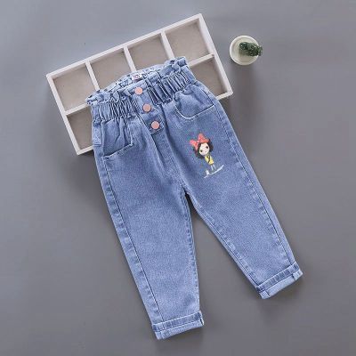 Toddler denim jumpsuit children wholesale clothing kids girls jeans custom fabric mickey cartoon pant trousers