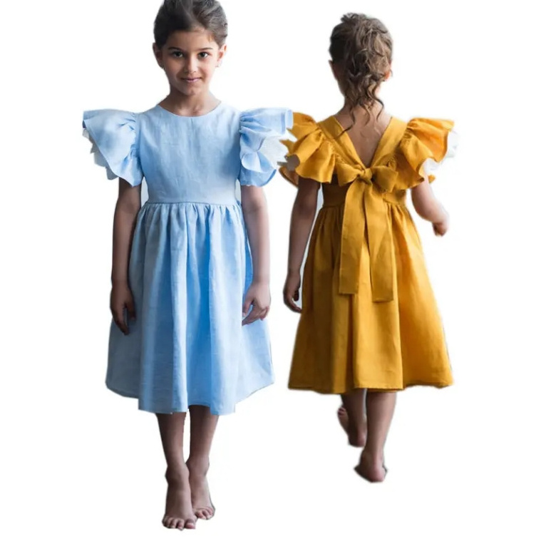 Summer Girl Clothes Kids Dresses For Girls Linen Lace pleated sleeves Girls Toddler Cotton Linen Dress