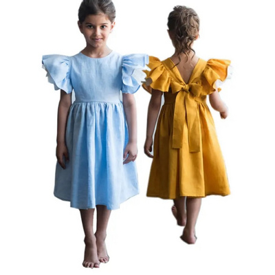 Summer Girl Clothes Kids Dresses For Girls Linen Lace pleated sleeves Girls Toddler Cotton Linen Dress