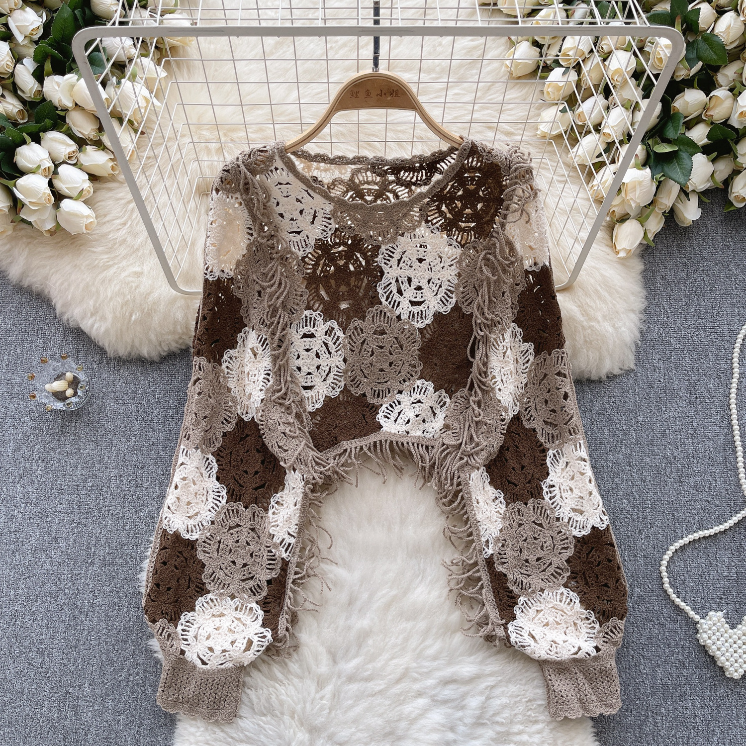 Vintage women's fashion knitwear summer Autumn crochet flower hollowed-out fringe sweet sweater knitted top