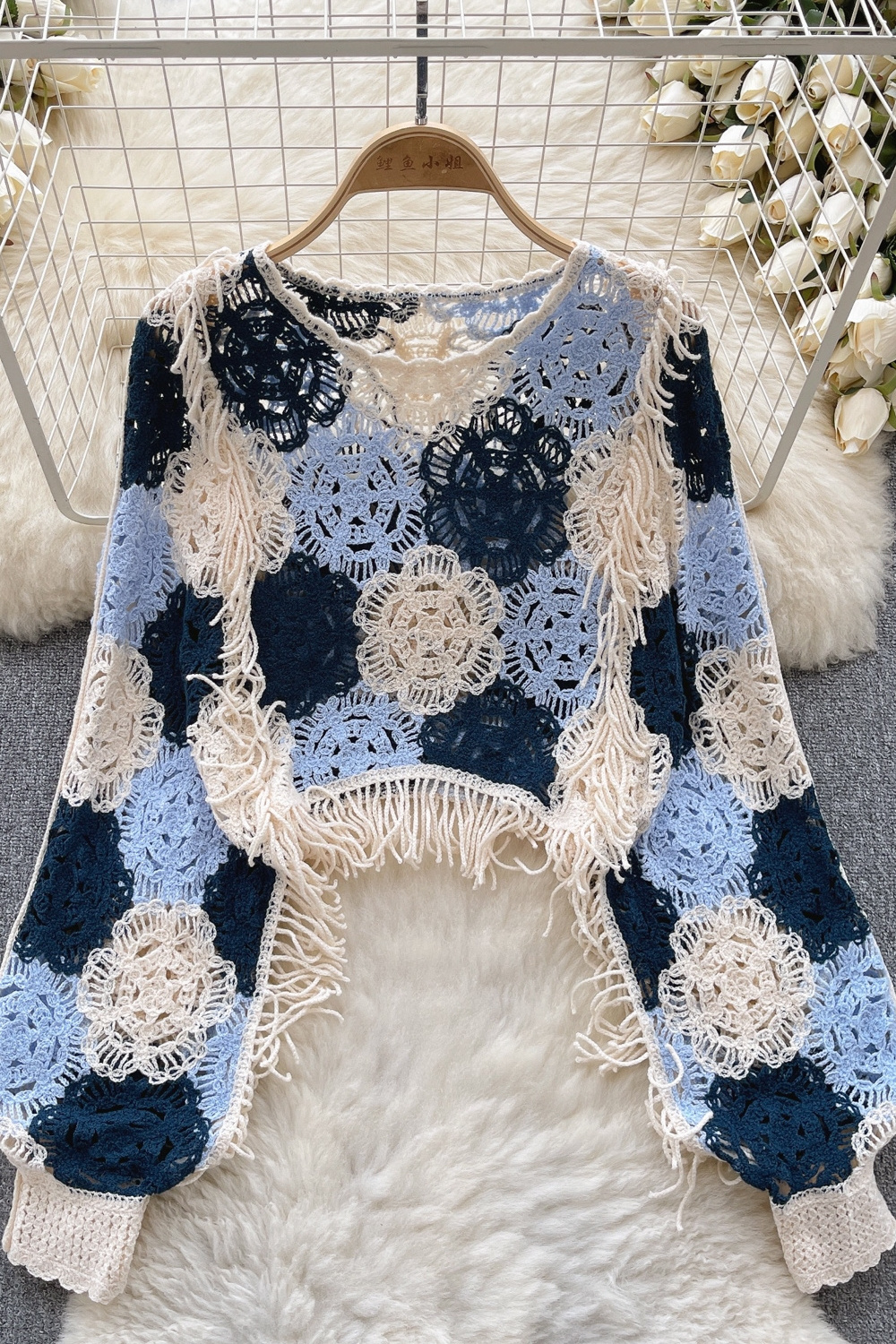 Vintage women's fashion knitwear summer Autumn crochet flower hollowed-out fringe sweet sweater knitted top