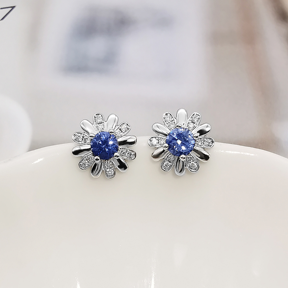 Fashion Design Luxury Fine Jewelry 14K Real Gold Blue Sapphire Diamond Stud Earrings for Women