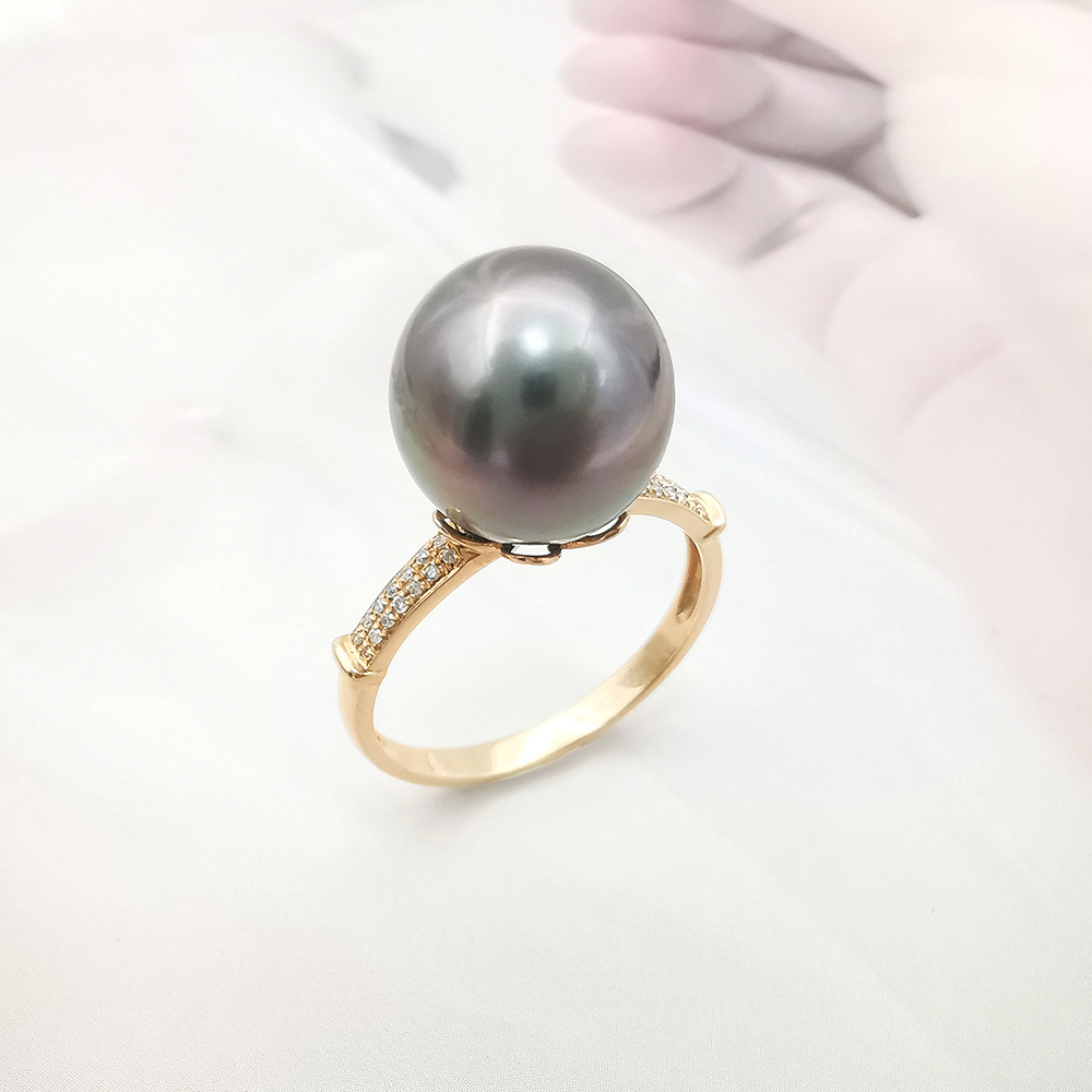 New Design 18k Rose Gold Ring Black Tahitian Pearl with Double Row Diamond Hand Made Ring