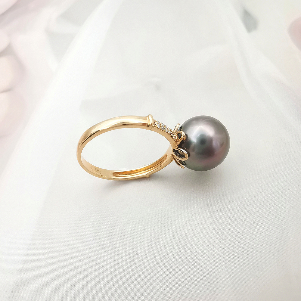 New Design 18k Rose Gold Ring Black Tahitian Pearl with Double Row Diamond Hand Made Ring