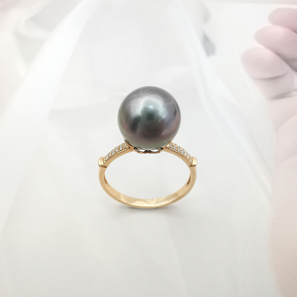 New Design 18k Rose Gold Ring Black Tahitian Pearl with Double Row Diamond Hand Made Ring