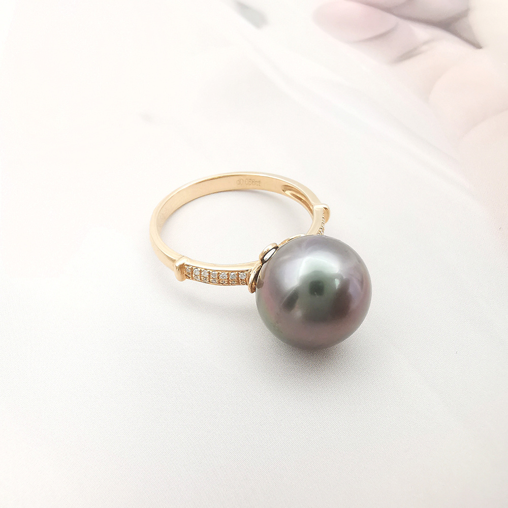 New Design 18k Rose Gold Ring Black Tahitian Pearl with Double Row Diamond Hand Made Ring