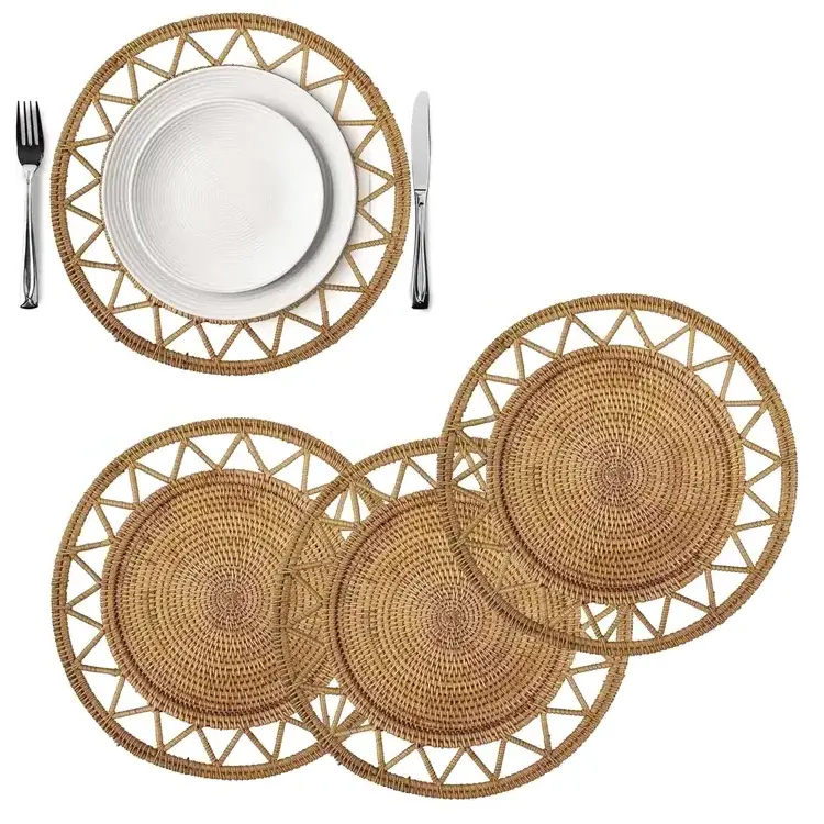 Cheap wholesale brown placemat rattan leaf charger plates bamboo wicker coasters for wedding handicrafts handwoven products