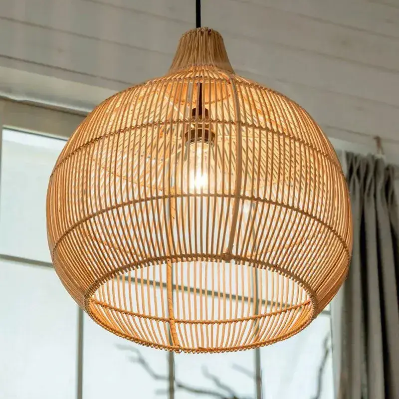 Minimalist Home Living Room Decor Rattan Lamp Shade Cover Bamboo Wicker Lampshade Hanging Indoor Chandelier Pendant Light Round