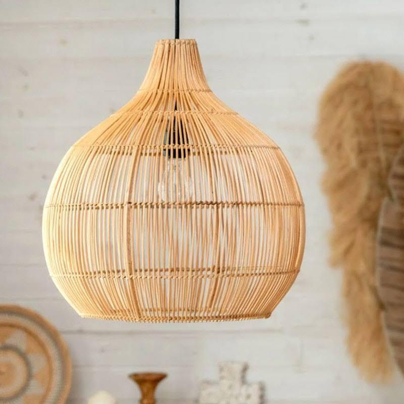 Minimalist Home Living Room Decor Rattan Lamp Shade Cover Bamboo Wicker Lampshade Hanging Indoor Chandelier Pendant Light Round