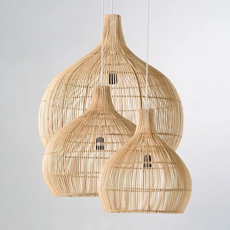 Minimalist Home Living Room Decor Rattan Lamp Shade Cover Bamboo Wicker Lampshade Hanging Indoor Chandelier Pendant Light Round