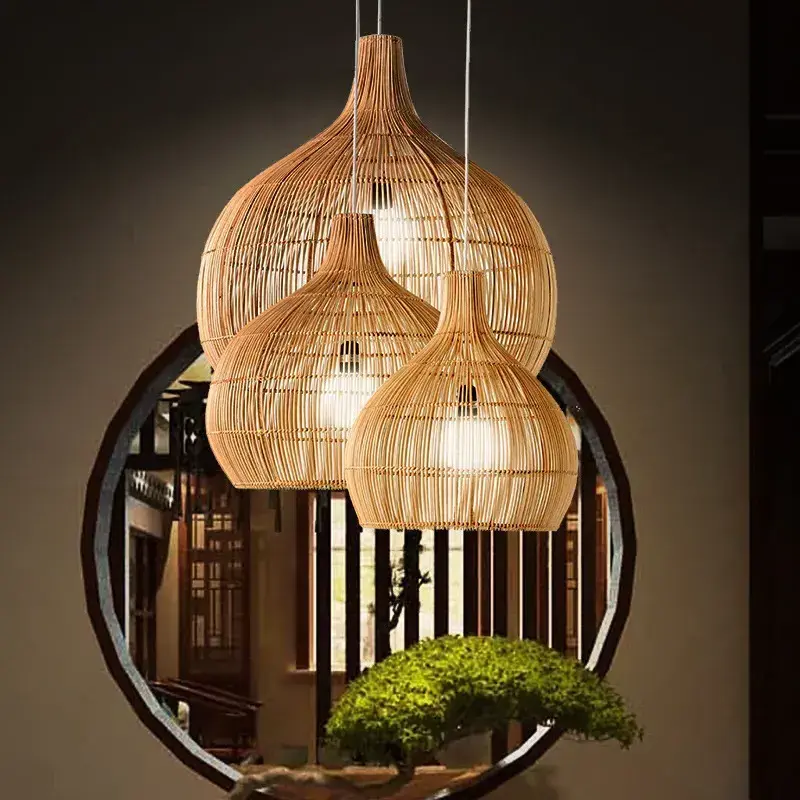 Minimalist Home Living Room Decor Rattan Lamp Shade Cover Bamboo Wicker Lampshade Hanging Indoor Chandelier Pendant Light Round